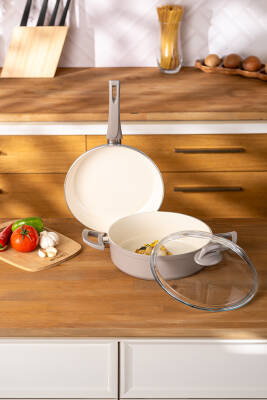 Crystal 3 Parça Tencere Tava Seti Bej - 1