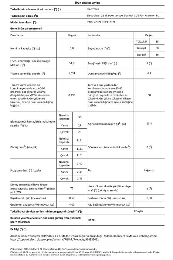 EW6F2292T 600 Serisi SensiCare 9 kg 1200 devir A sınıfı Çamaşır Makinesi - 14