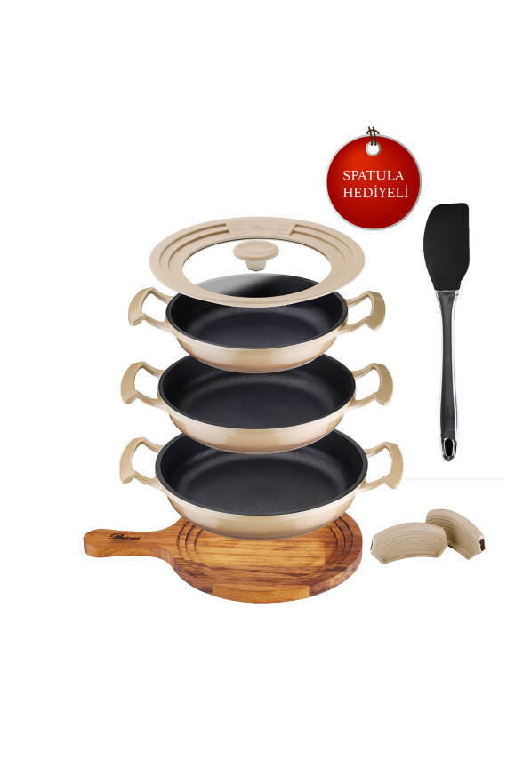 Try Cook 7 Parça Bej Yanmaz Yapışmaz Diamond Kaplama Sahanlık Tava Seti - 1